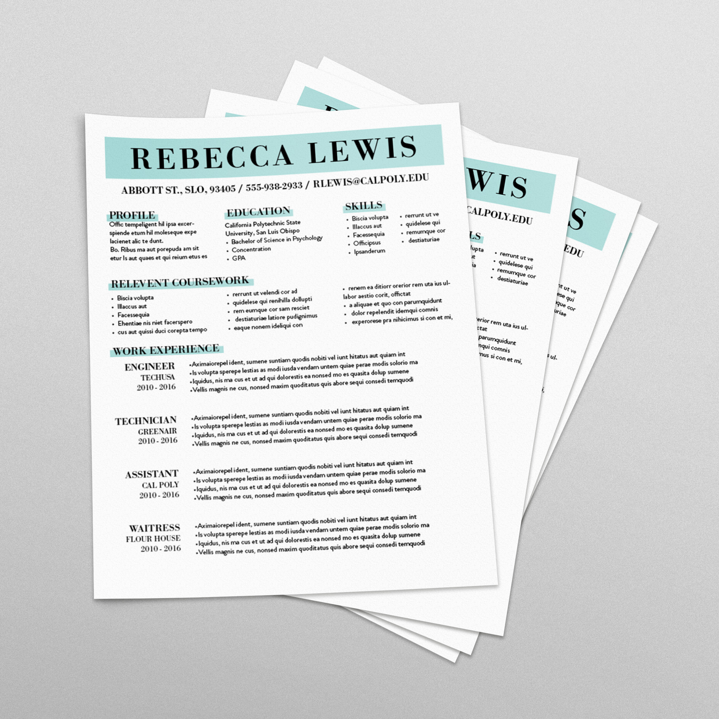 papers stacked high with blue resume template