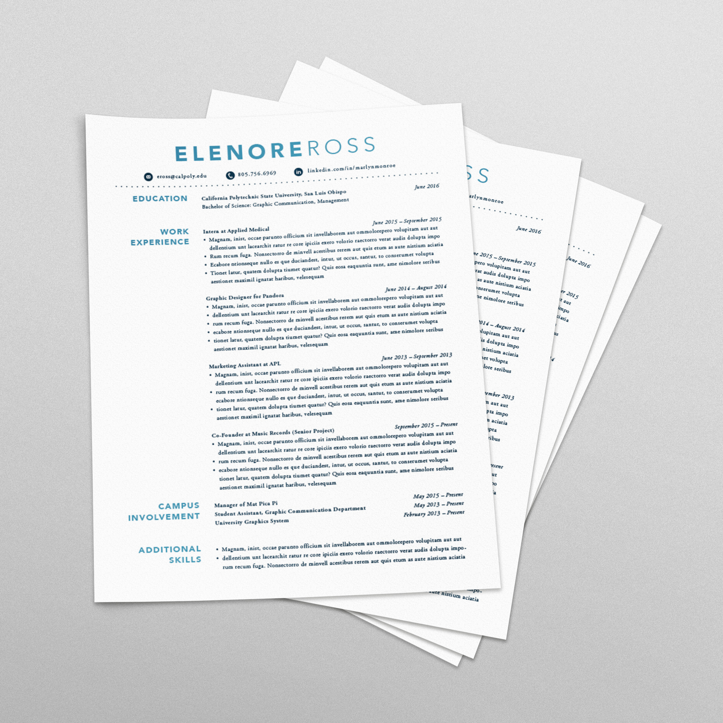 papers stacked high with blue resume template