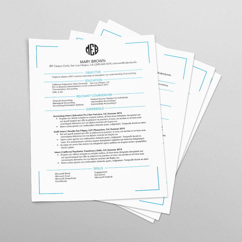 papers stacked high with blue resume template